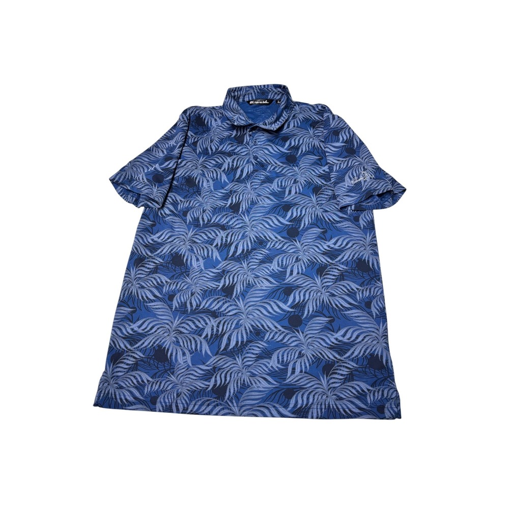 TravisMathew Mens Blue‎ Tropical Palm Leaf Polo Shirt Classic Club Logo Large